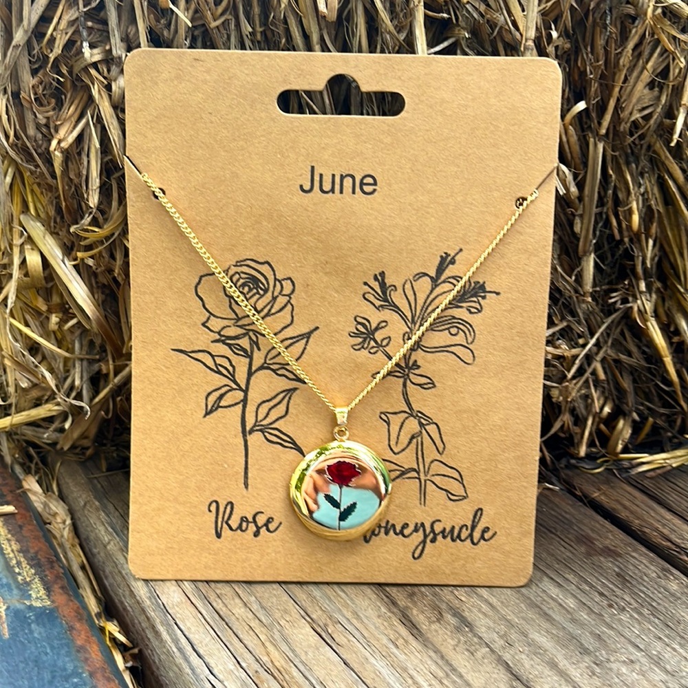 Red Rose June Birth Flower Locket Necklace